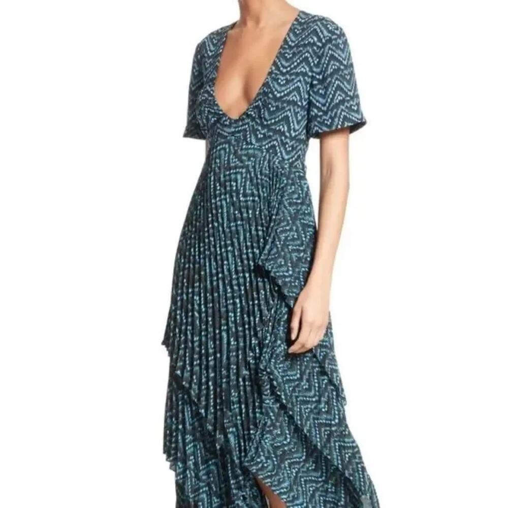 A.L.C. Kylia Blue Abstract Ruffle Tiered SILK Maxi Dress SZ 2 $498
